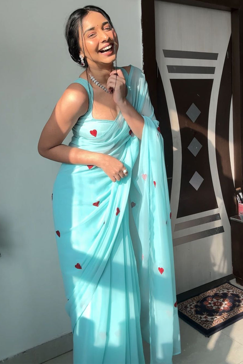 Marvellous 1-Minute Ready To Wear Sky Georgette Saree