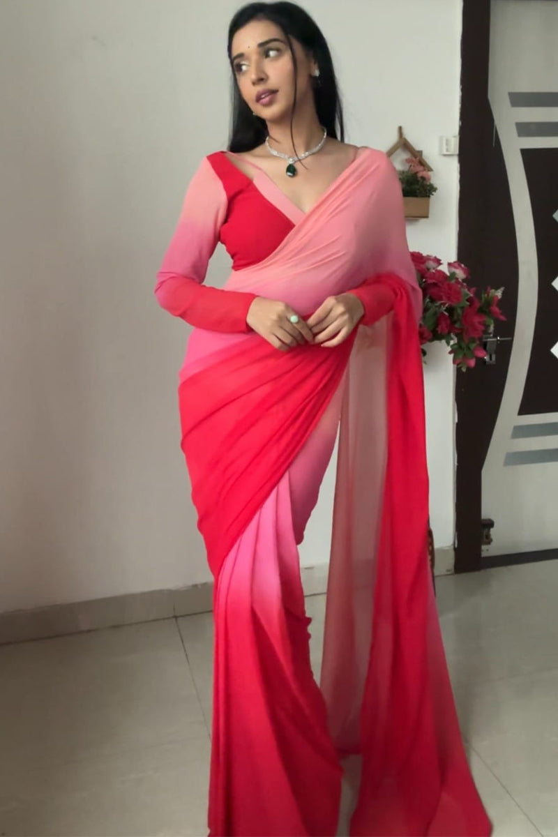 Opulent 1-Minute Ready To Wear Red and Baby Pink Georgette Saree