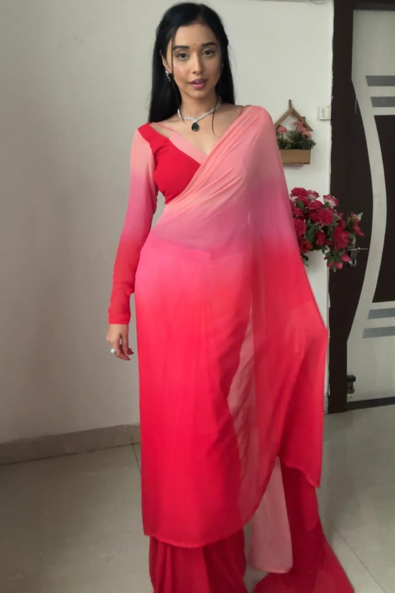 Opulent 1-Minute Ready To Wear Red and Baby Pink Georgette Saree