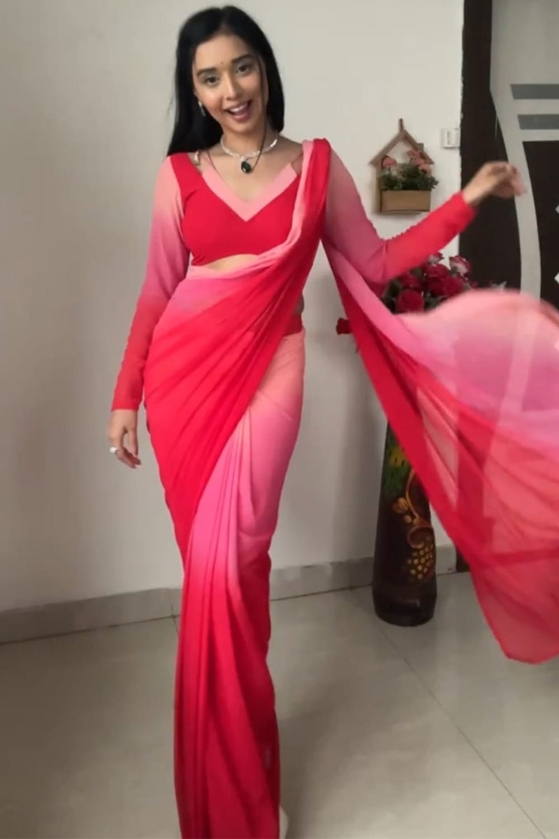 Opulent 1-Minute Ready To Wear Red and Baby Pink Georgette Saree