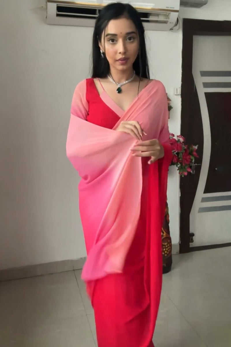 Opulent 1-Minute Ready To Wear Red and Baby Pink Georgette Saree