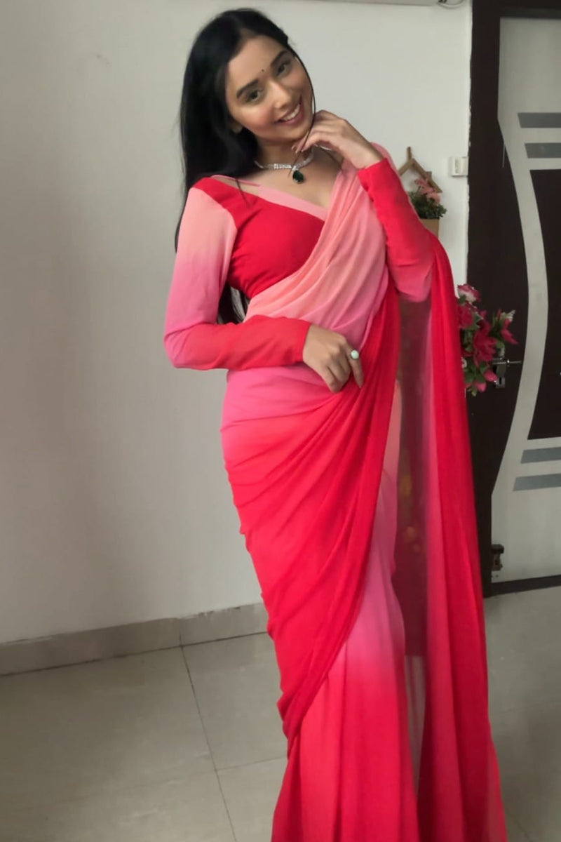 Opulent 1-Minute Ready To Wear Red and Baby Pink Georgette Saree