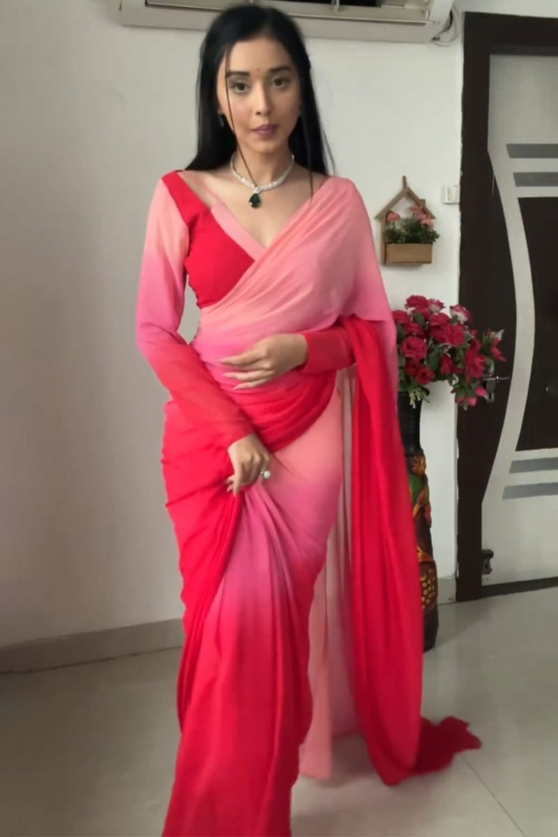 Opulent 1-Minute Ready To Wear Red and Baby Pink Georgette Saree