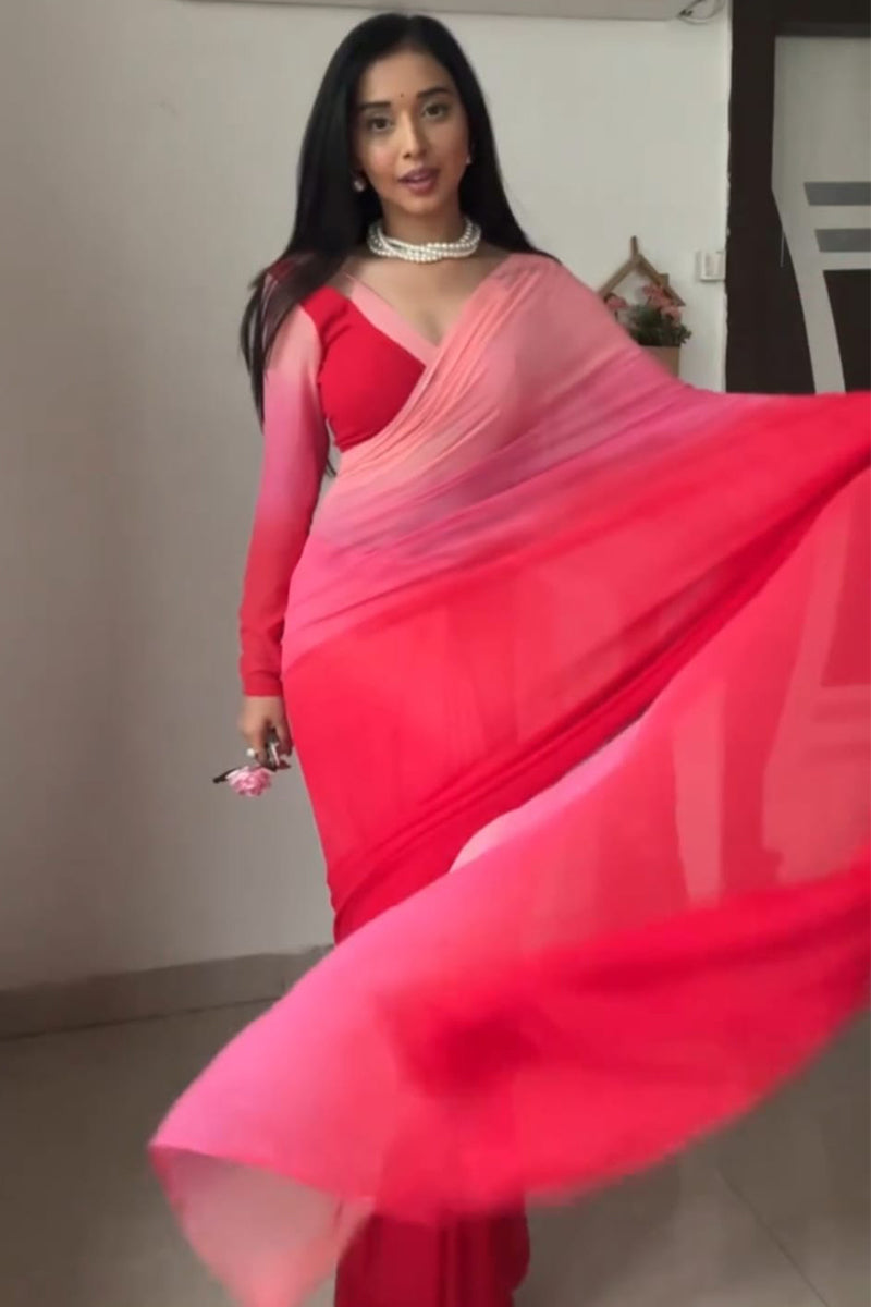 Opulent 1-Minute Ready To Wear Red and Baby Pink Georgette Saree
