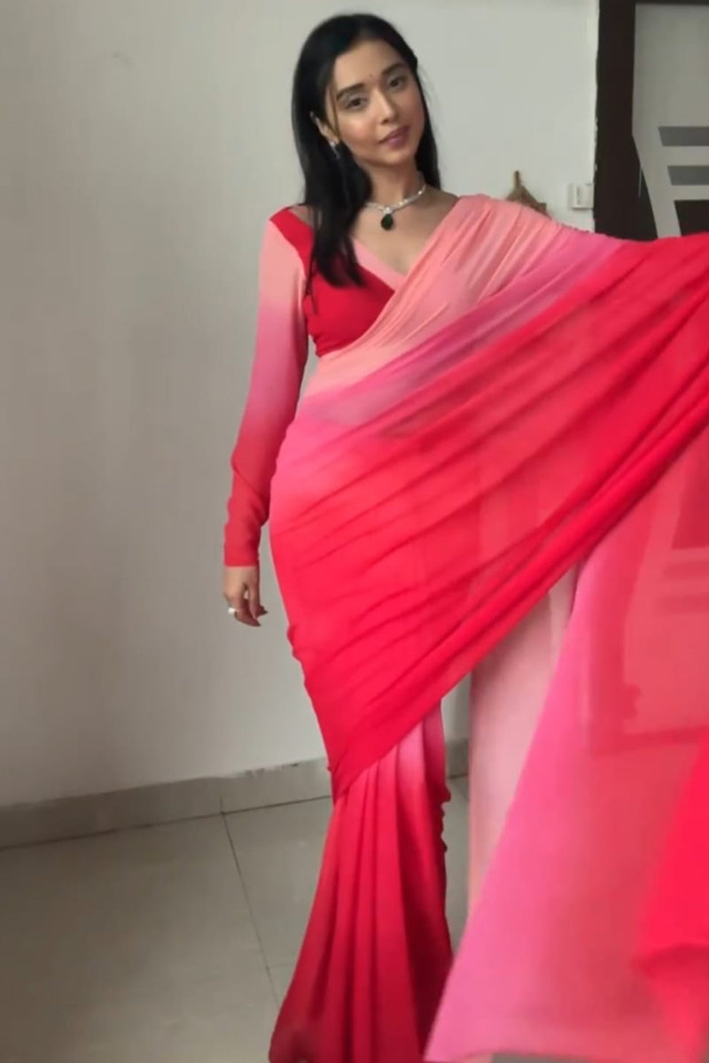 Opulent 1-Minute Ready To Wear Red and Baby Pink Georgette Saree