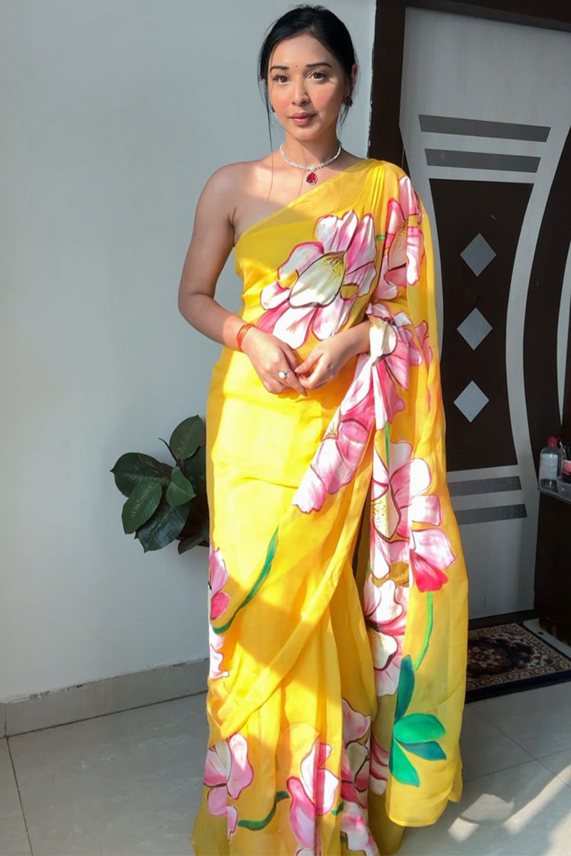 Ravishing 1-Minute Ready To Wear Yellow Organza Silk Saree