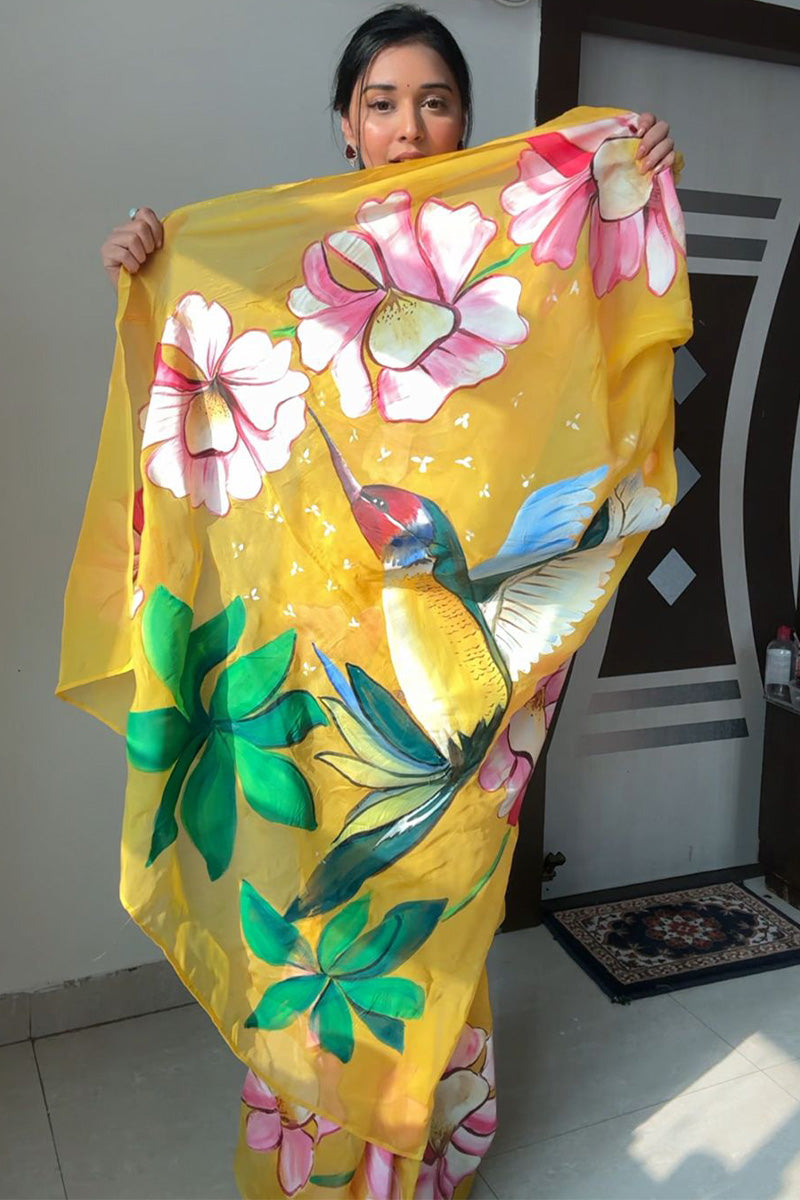 Ravishing 1-Minute Ready To Wear Yellow Organza Silk Saree