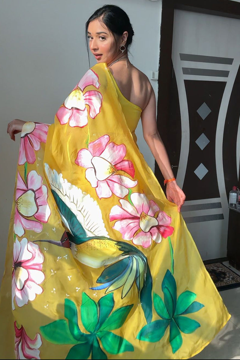 Ravishing 1-Minute Ready To Wear Yellow Organza Silk Saree