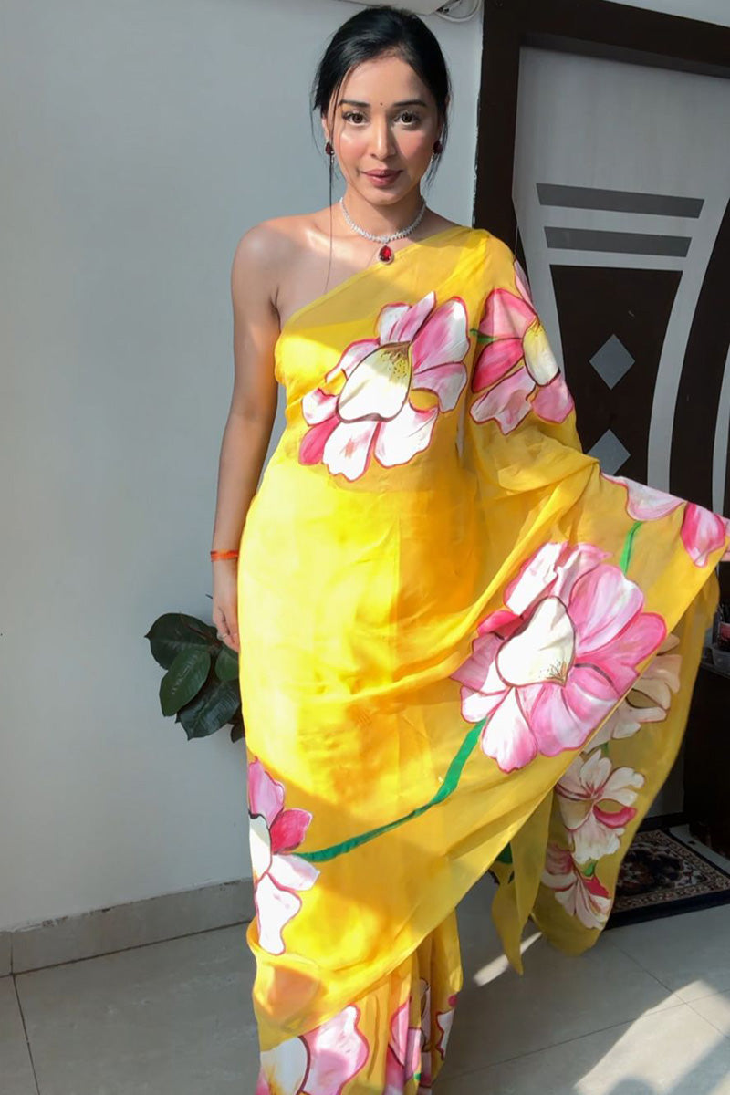 Ravishing 1-Minute Ready To Wear Yellow Organza Silk Saree