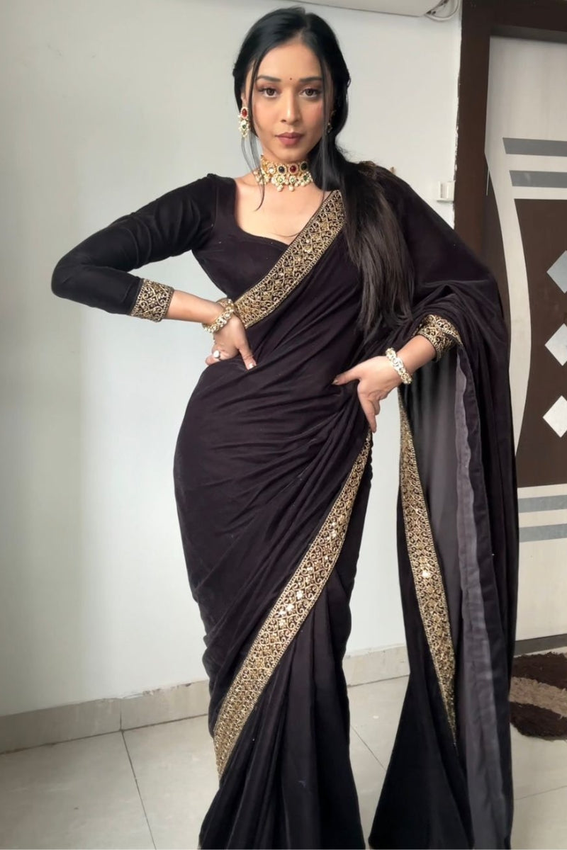 Desiring Black 1 Minute Ready To Wear Velvet Saree With Blouse Piece