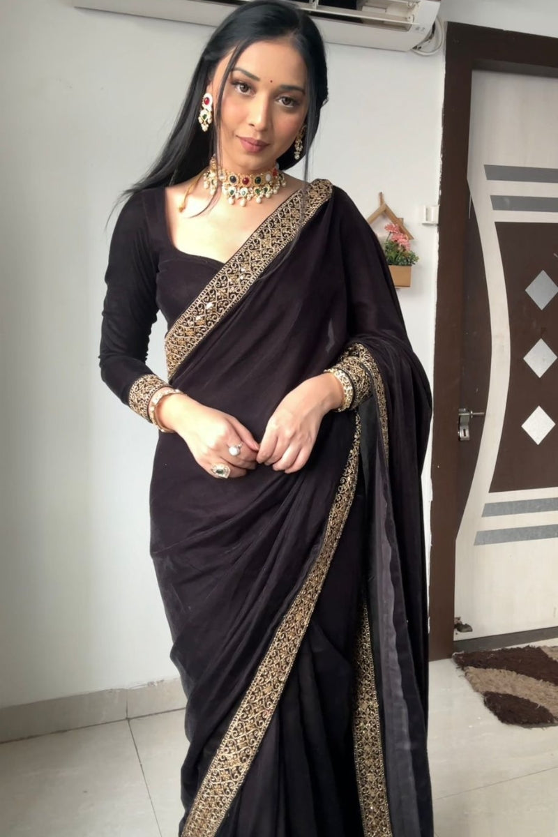 Desiring Black 1 Minute Ready To Wear Velvet Saree With Blouse Piece