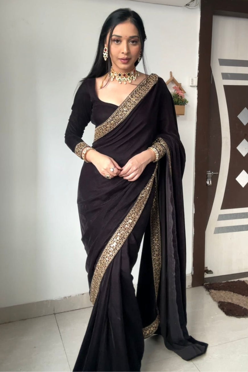 Desiring Black 1 Minute Ready To Wear Velvet Saree With Blouse Piece