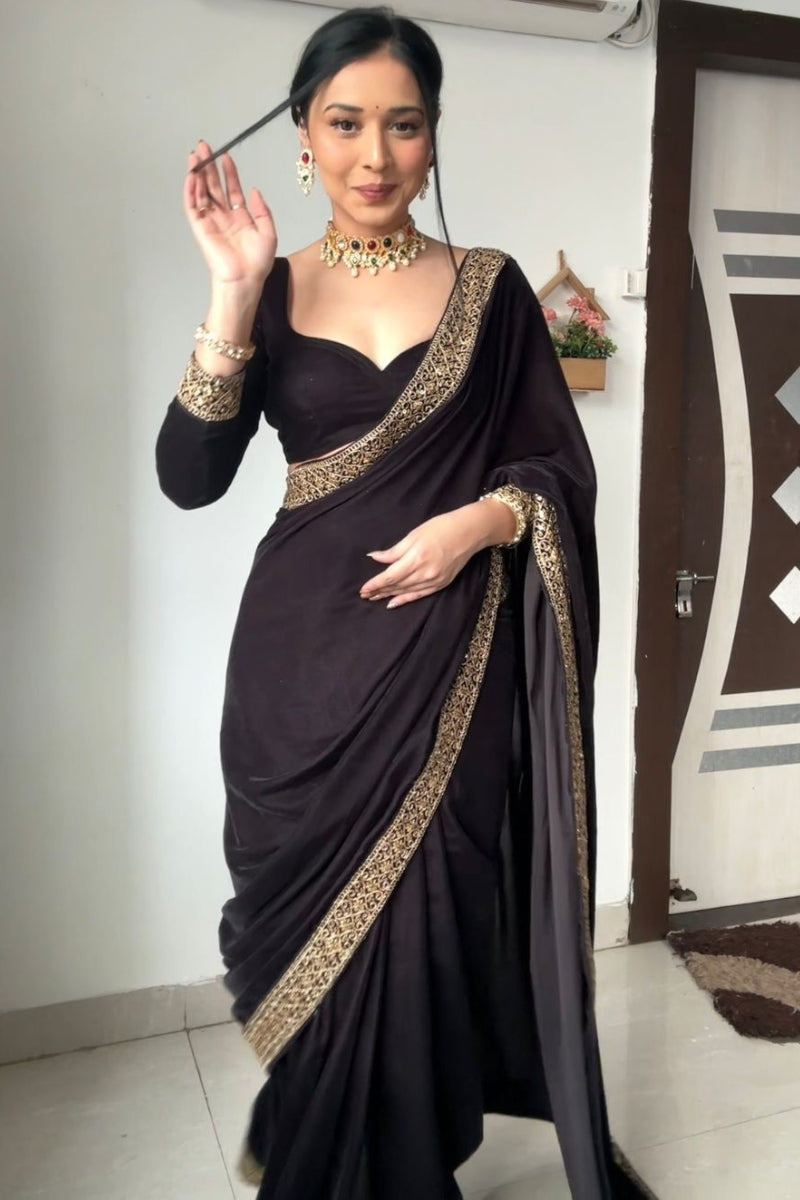 Desiring Black 1 Minute Ready To Wear Velvet Saree With Blouse Piece