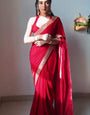 Appealing Red 1 Minute Ready To Wear Velvet Saree With Blouse Piece