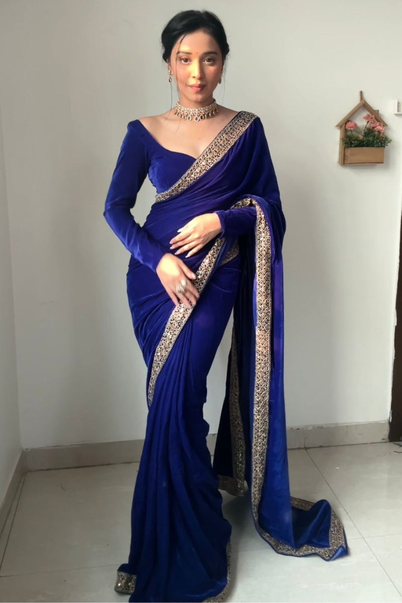 Blooming Royal Blue 1 Minute Ready To Wear Velvet Saree With Blouse Piece