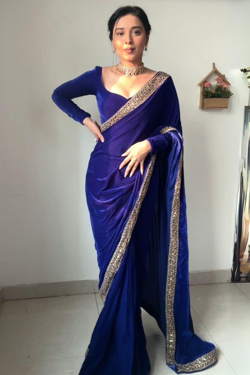 Blooming Royal Blue 1 Minute Ready To Wear Velvet Saree With Blouse Piece