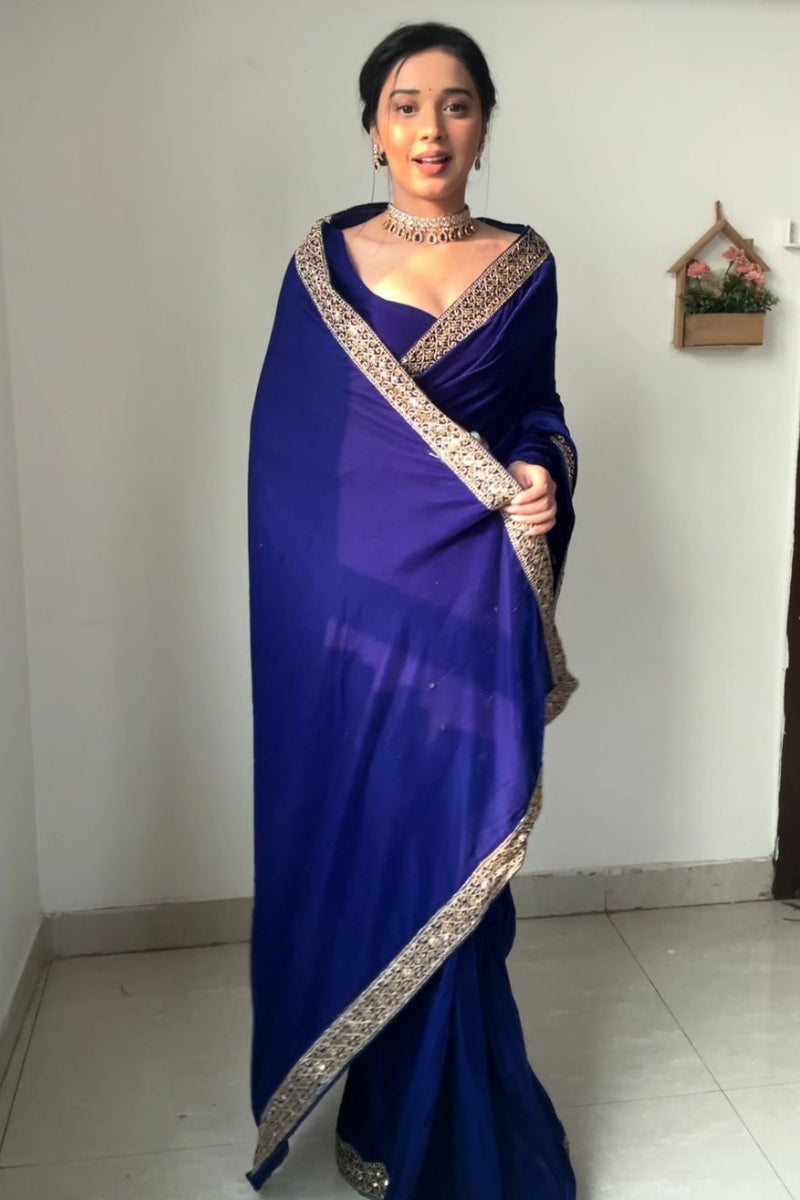 Blooming Royal Blue 1 Minute Ready To Wear Velvet Saree With Blouse Piece
