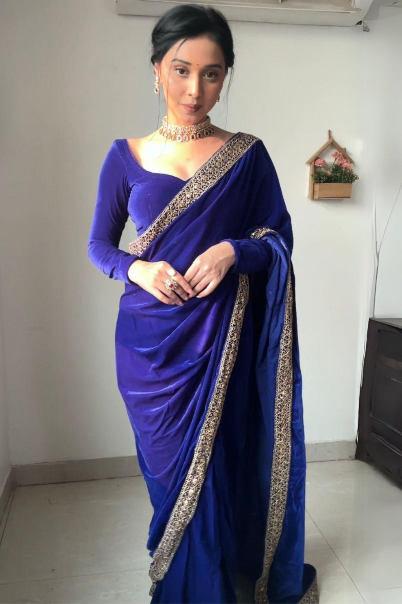 Blooming Royal Blue 1 Minute Ready To Wear Velvet Saree With Blouse Piece
