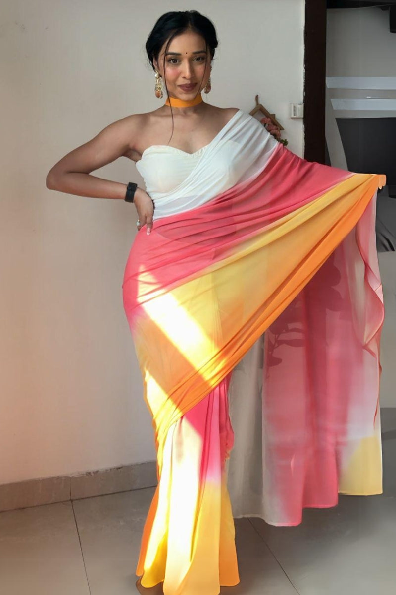 Adorable 1-Minute Ready To Wear Yellow and Pink Georgette Saree