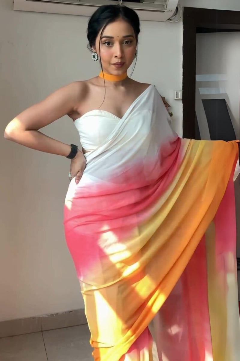 Adorable 1-Minute Ready To Wear Yellow and Pink Georgette Saree