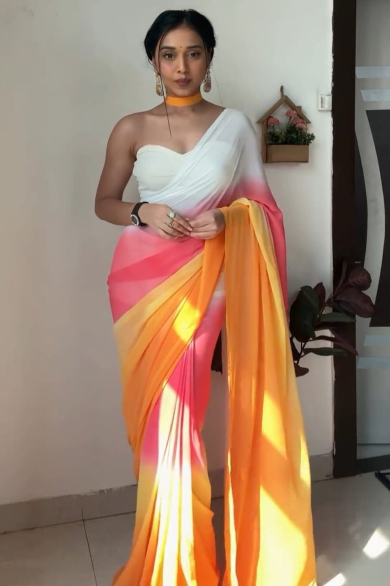 Adorable 1-Minute Ready To Wear Yellow and Pink Georgette Saree