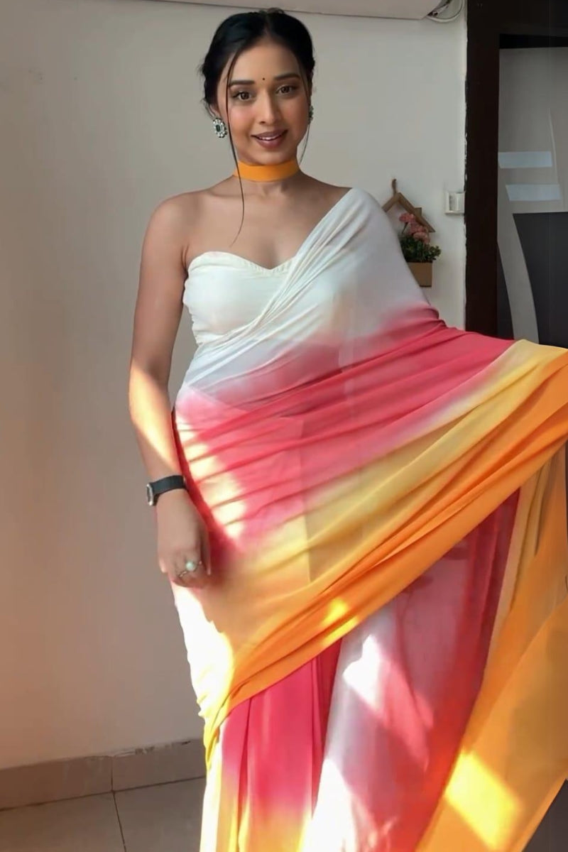 Adorable 1-Minute Ready To Wear Yellow and Pink Georgette Saree