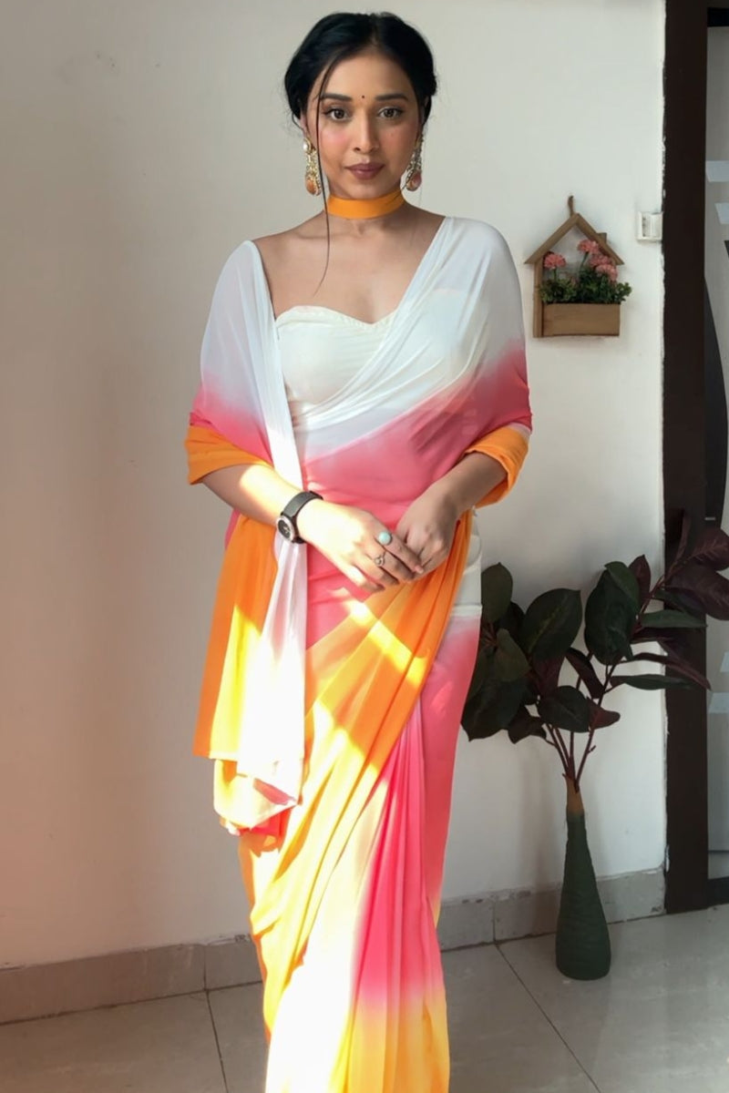 Adorable 1-Minute Ready To Wear Yellow and Pink Georgette Saree