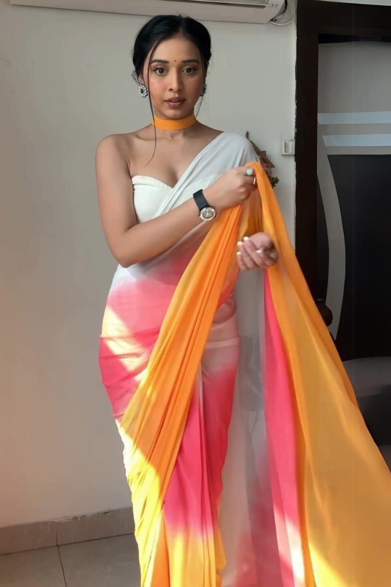 Adorable 1-Minute Ready To Wear Yellow and Pink Georgette Saree
