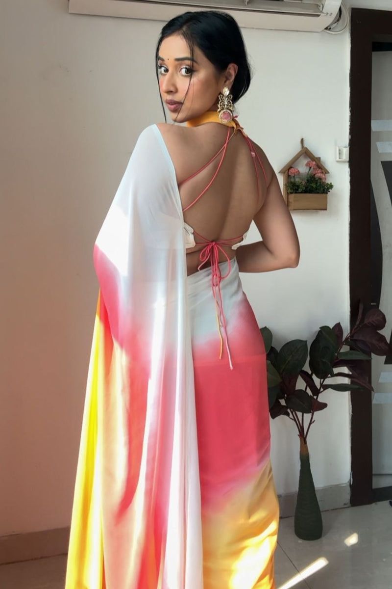 Adorable 1-Minute Ready To Wear Yellow and Pink Georgette Saree
