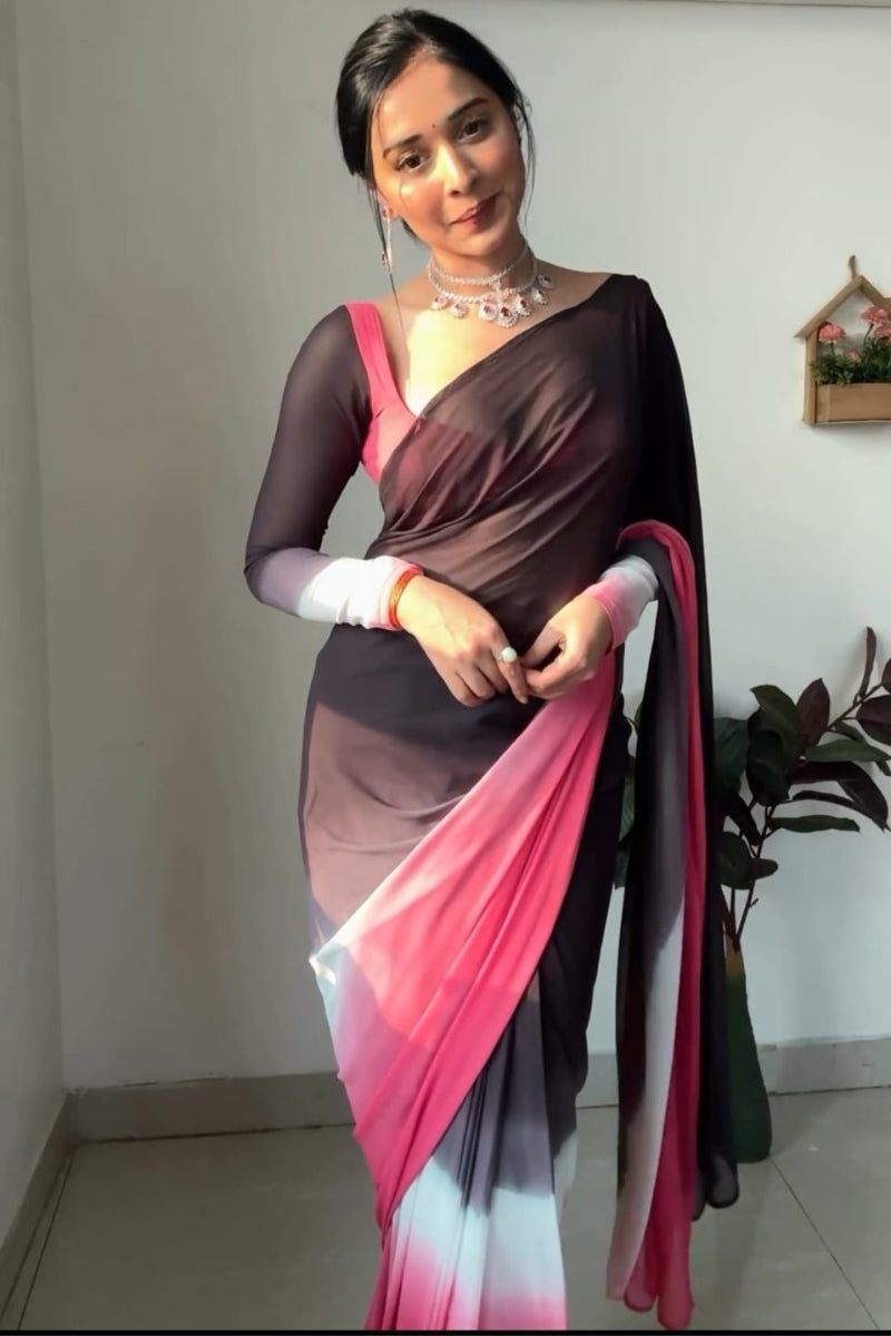 Breathtaking 1-Minute Ready To Wear Black and Pink Georgette Saree
