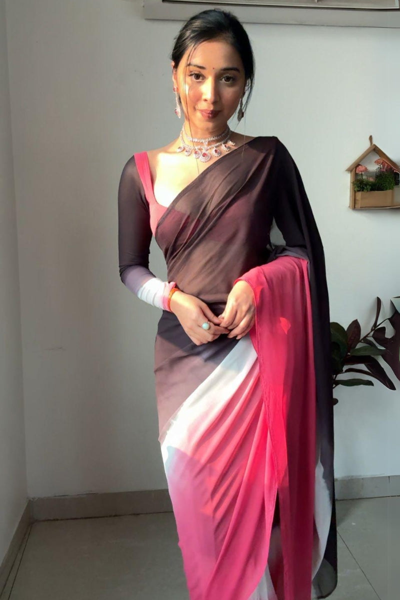 Breathtaking 1-Minute Ready To Wear Black and Pink Georgette Saree