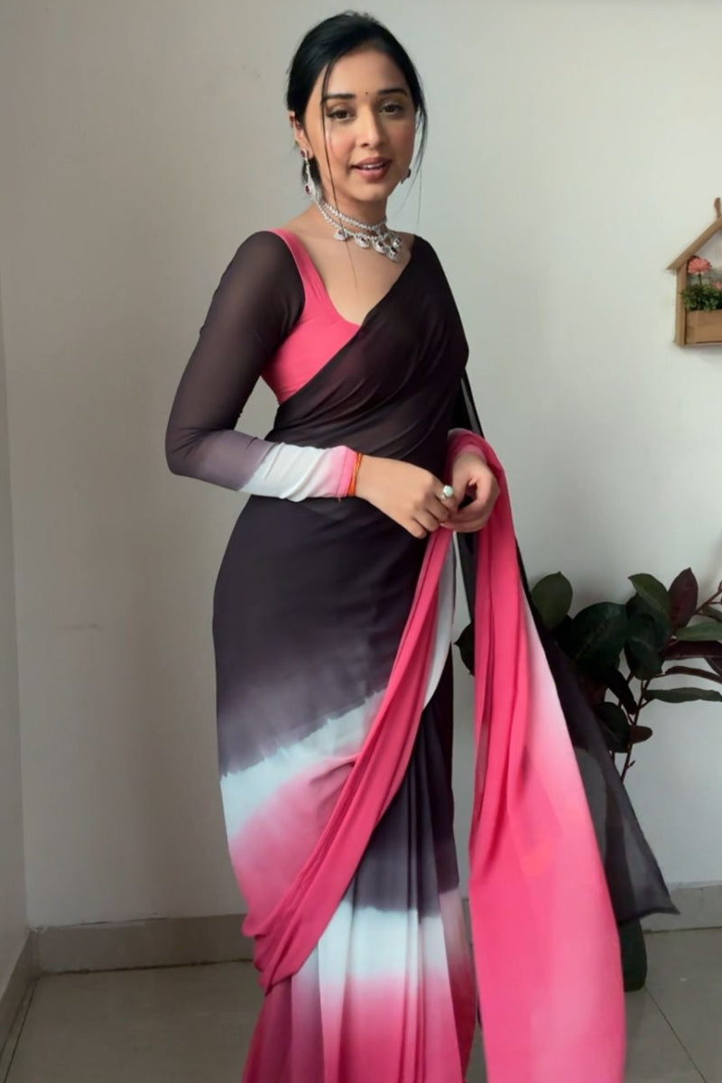 Breathtaking 1-Minute Ready To Wear Black and Pink Georgette Saree
