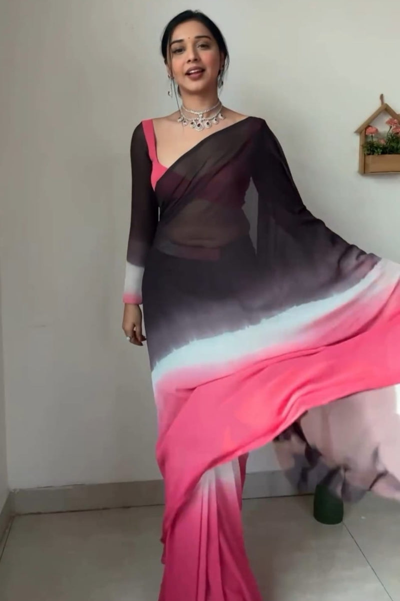 Breathtaking 1-Minute Ready To Wear Black and Pink Georgette Saree