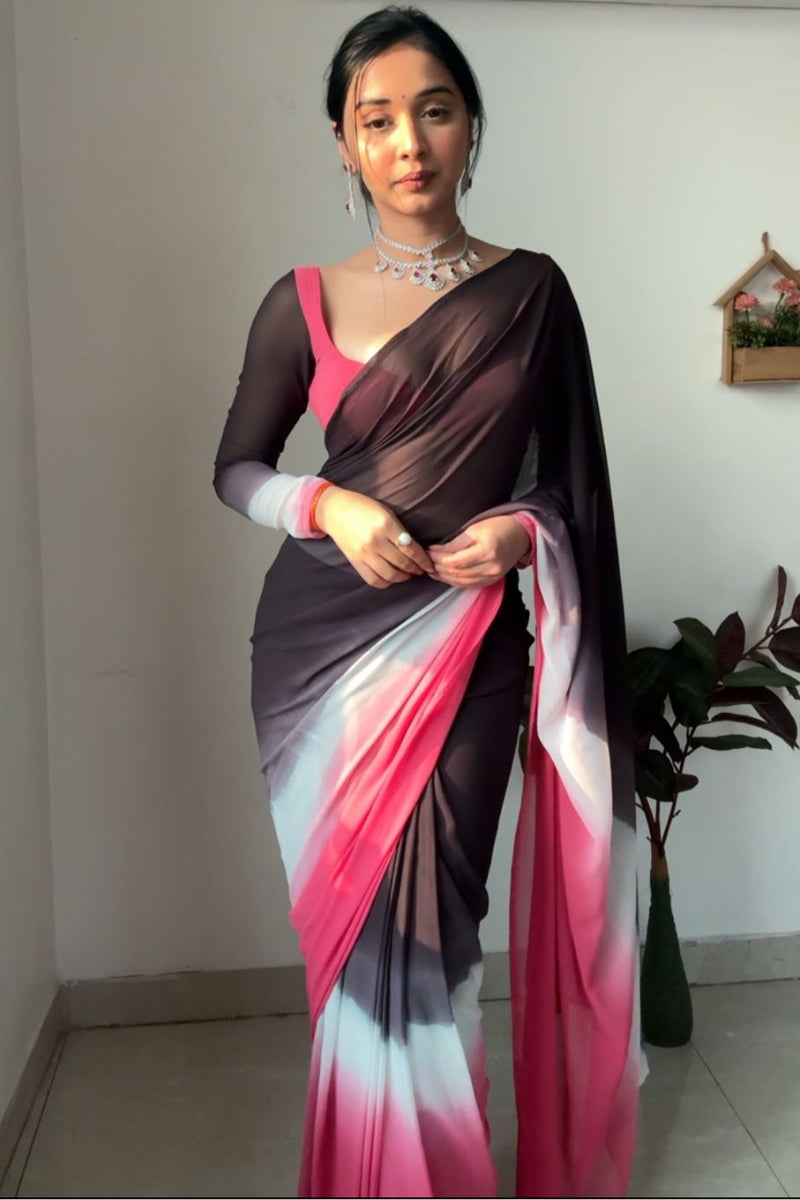 Breathtaking 1-Minute Ready To Wear Black and Pink Georgette Saree