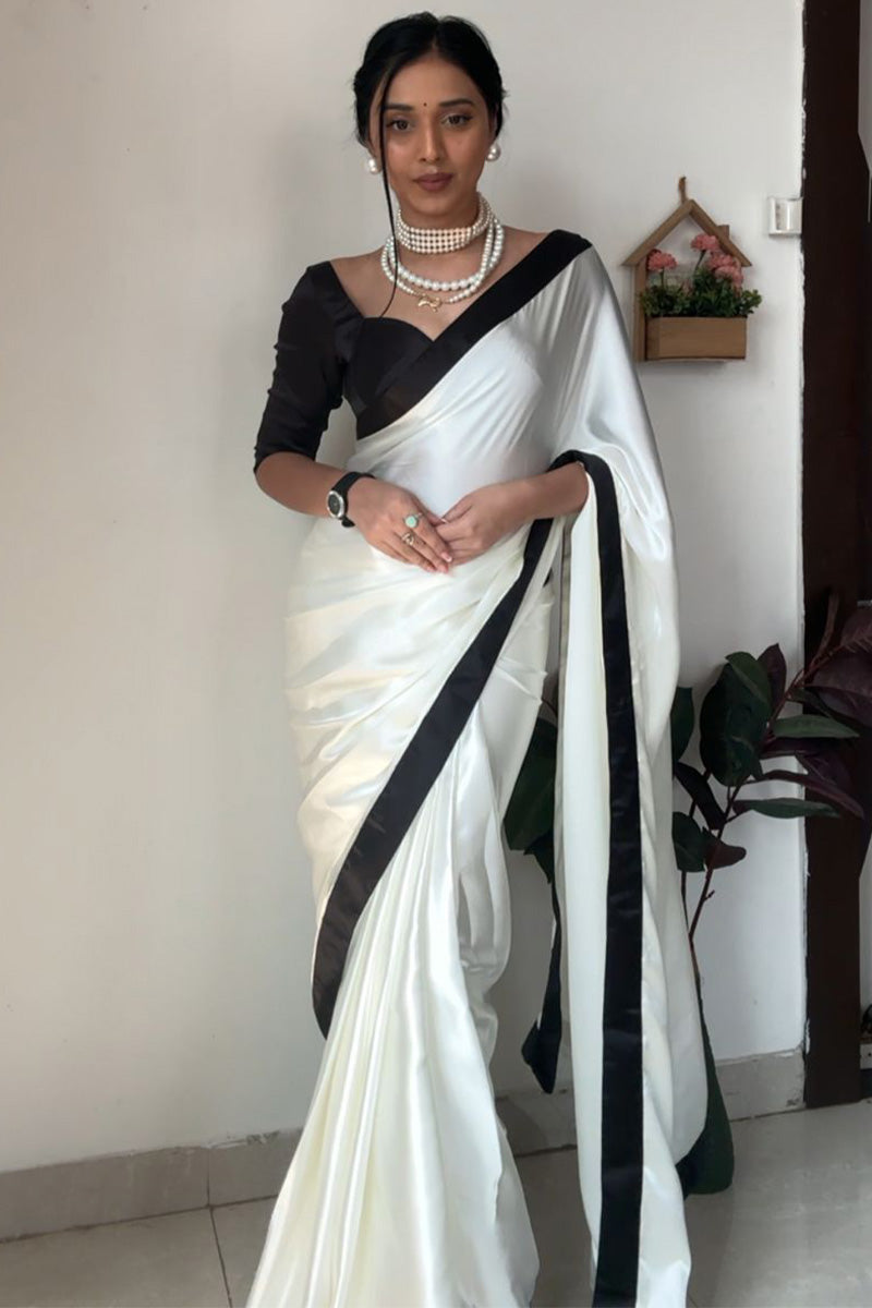 Smart 1-Minute Ready To Wear White Satin Silk Saree