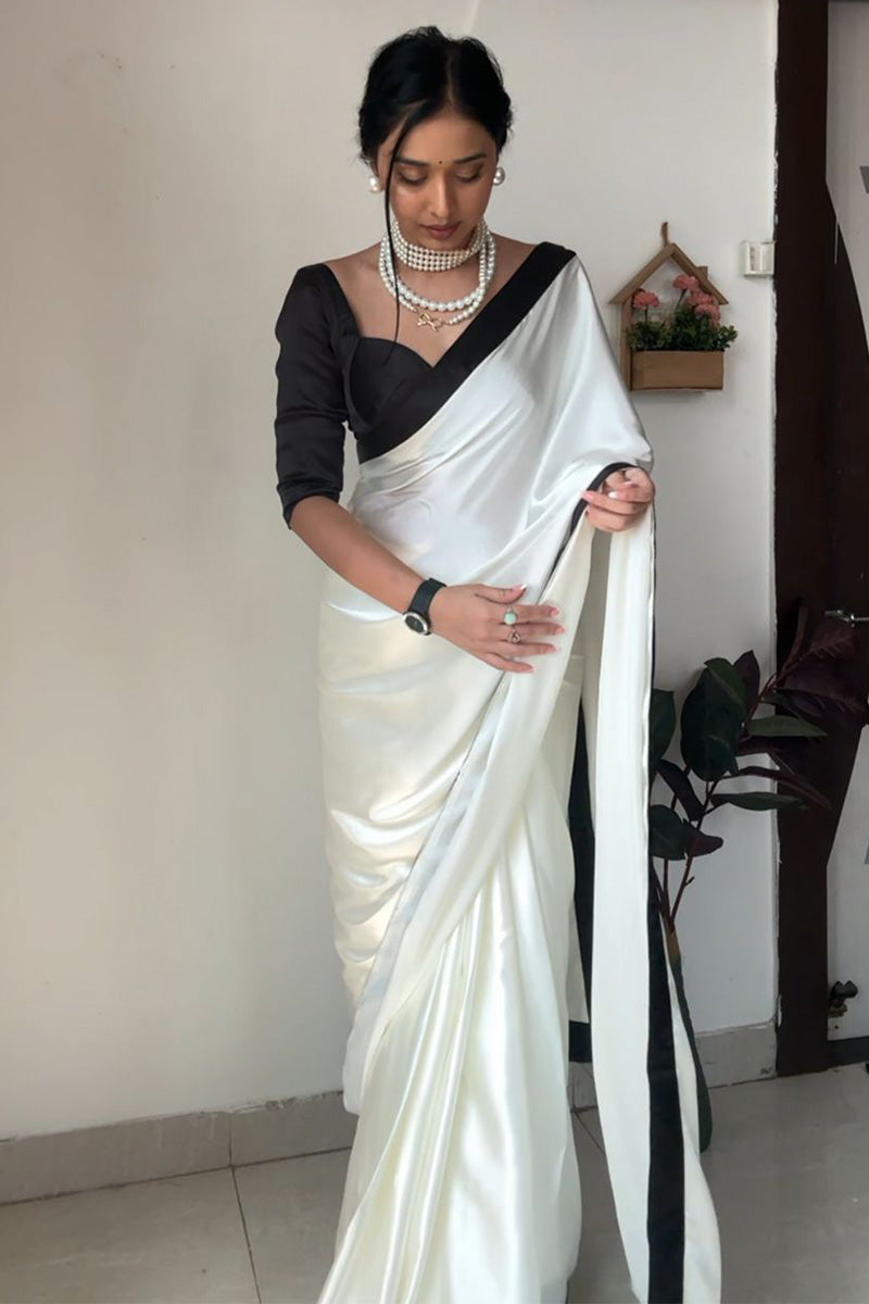 Smart 1-Minute Ready To Wear White Satin Silk Saree