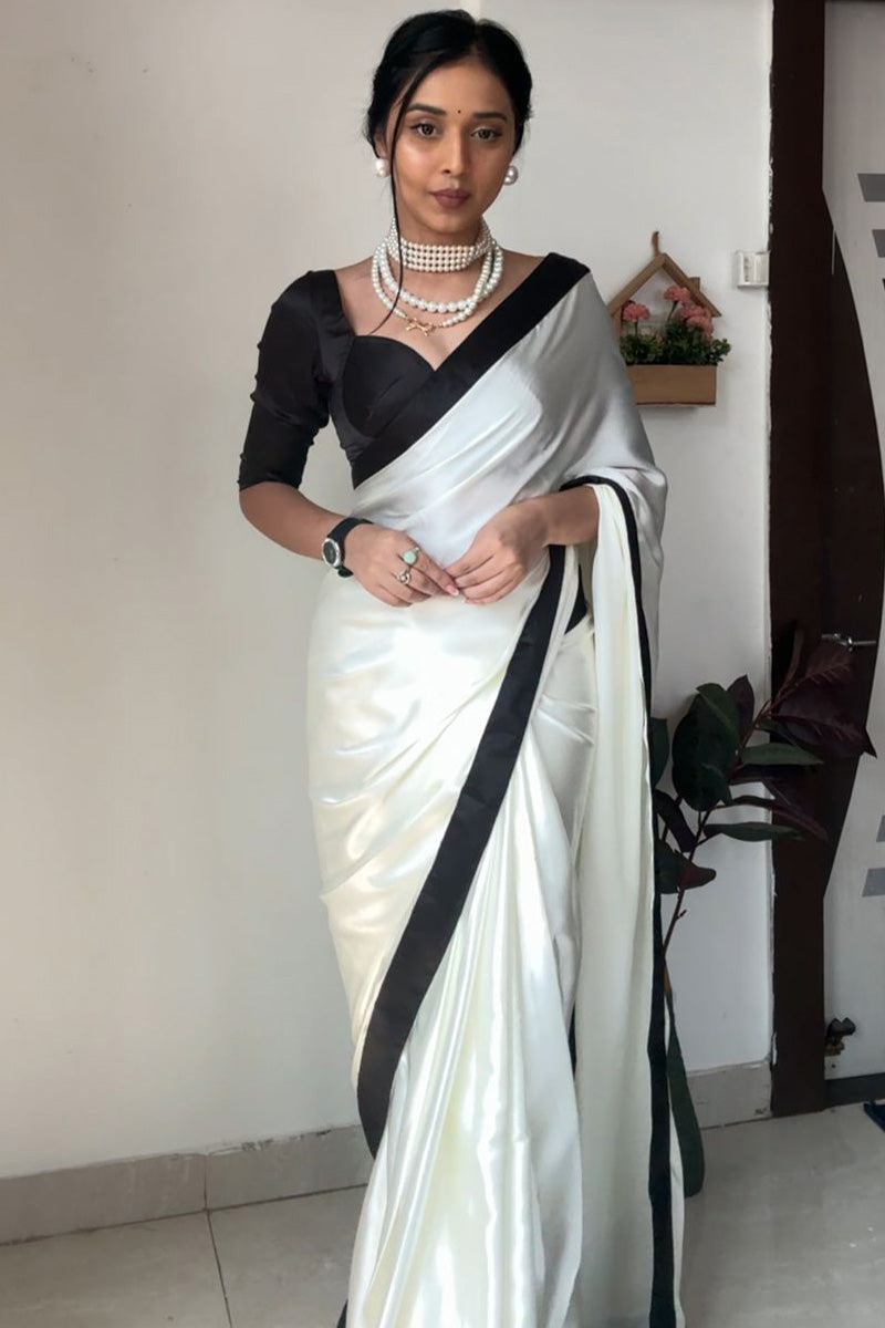 Smart 1-Minute Ready To Wear White Satin Silk Saree