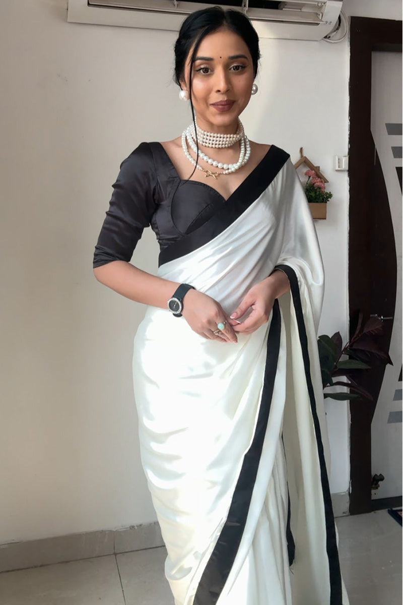 Smart 1-Minute Ready To Wear White Satin Silk Saree