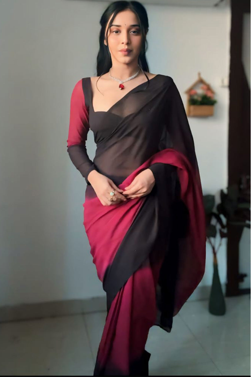 Impressive 1-Minute Ready To Wear Black and Maroon Georgette Saree