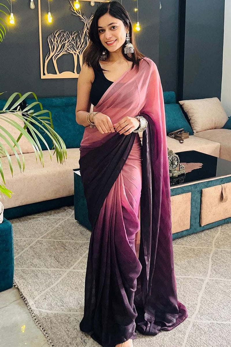 Eye-catching 1-Minute Ready To Wear Peach and Wine Georgette Saree