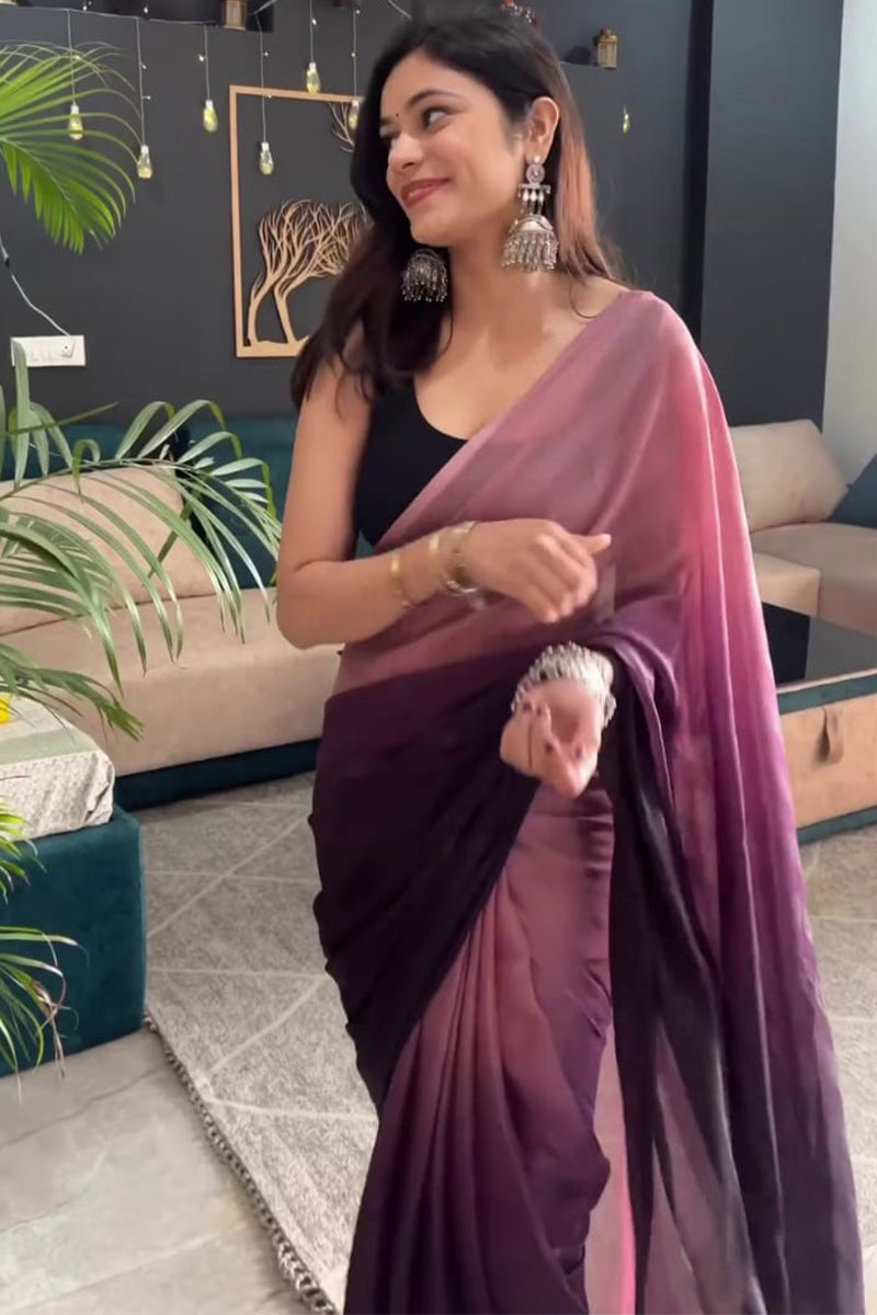 Eye-catching 1-Minute Ready To Wear Peach and Wine Georgette Saree