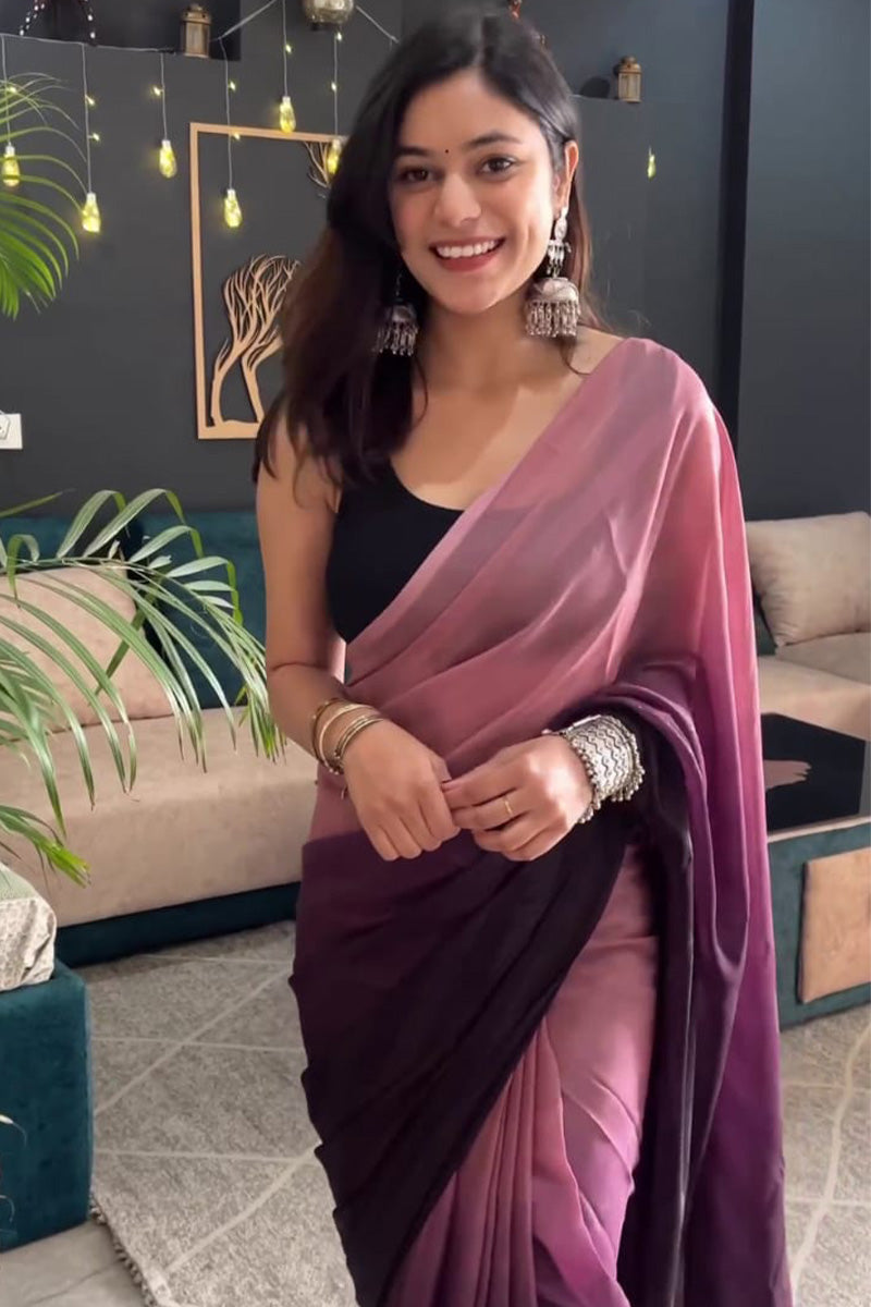 Eye-catching 1-Minute Ready To Wear Peach and Wine Georgette Saree