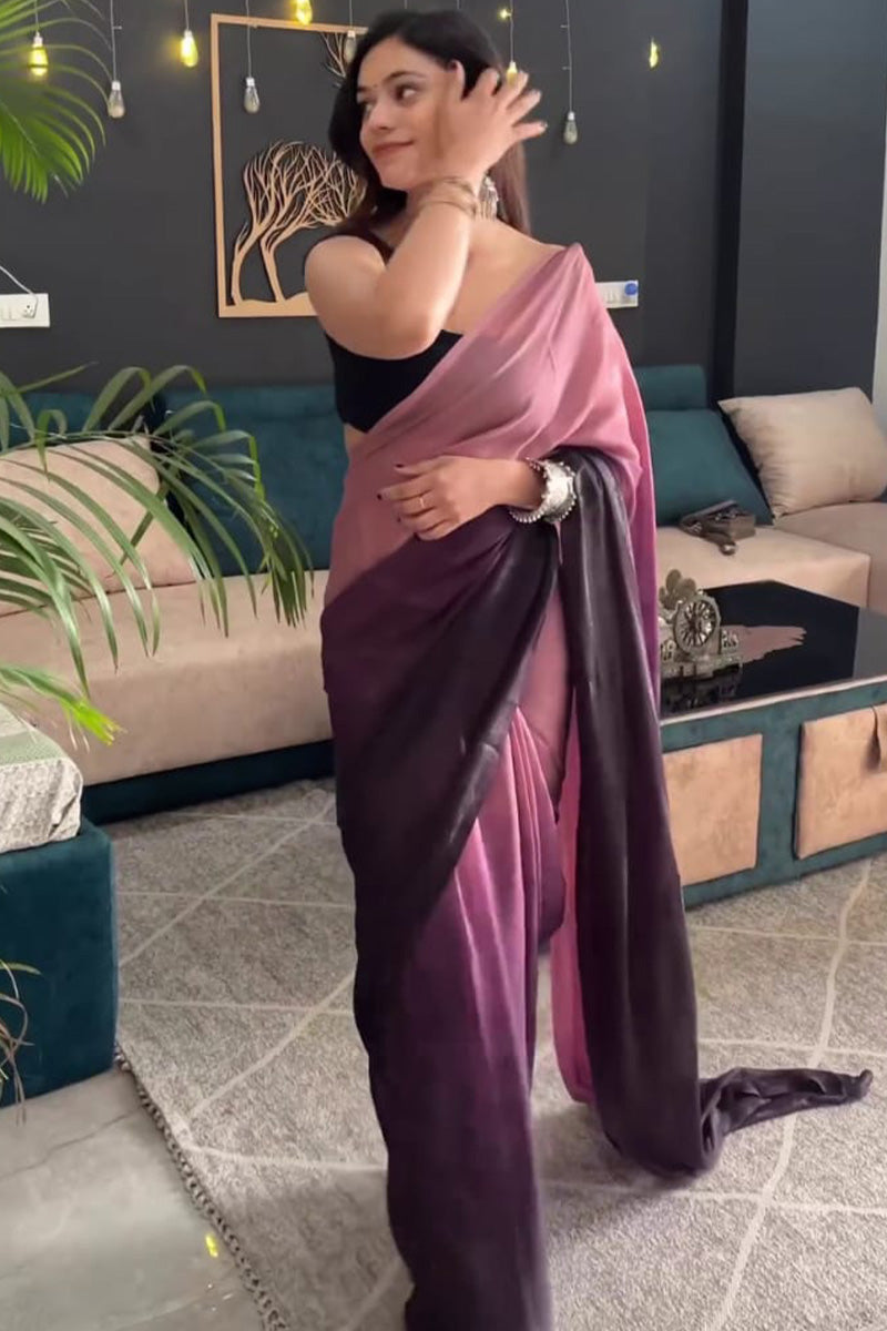 Eye-catching 1-Minute Ready To Wear Peach and Wine Georgette Saree