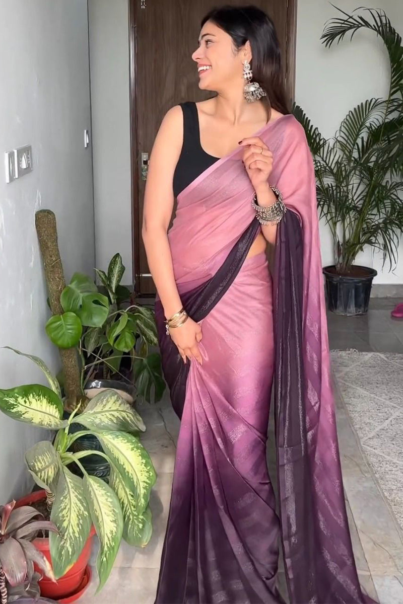 Eye-catching 1-Minute Ready To Wear Peach and Wine Georgette Saree