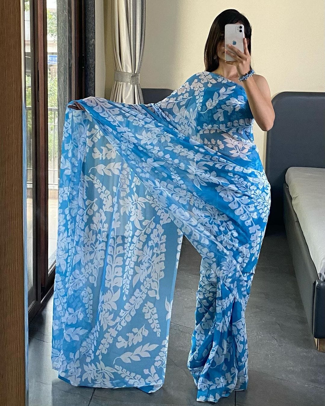 Deserving 1-Minute Ready To Wear Firozi Georgette Saree