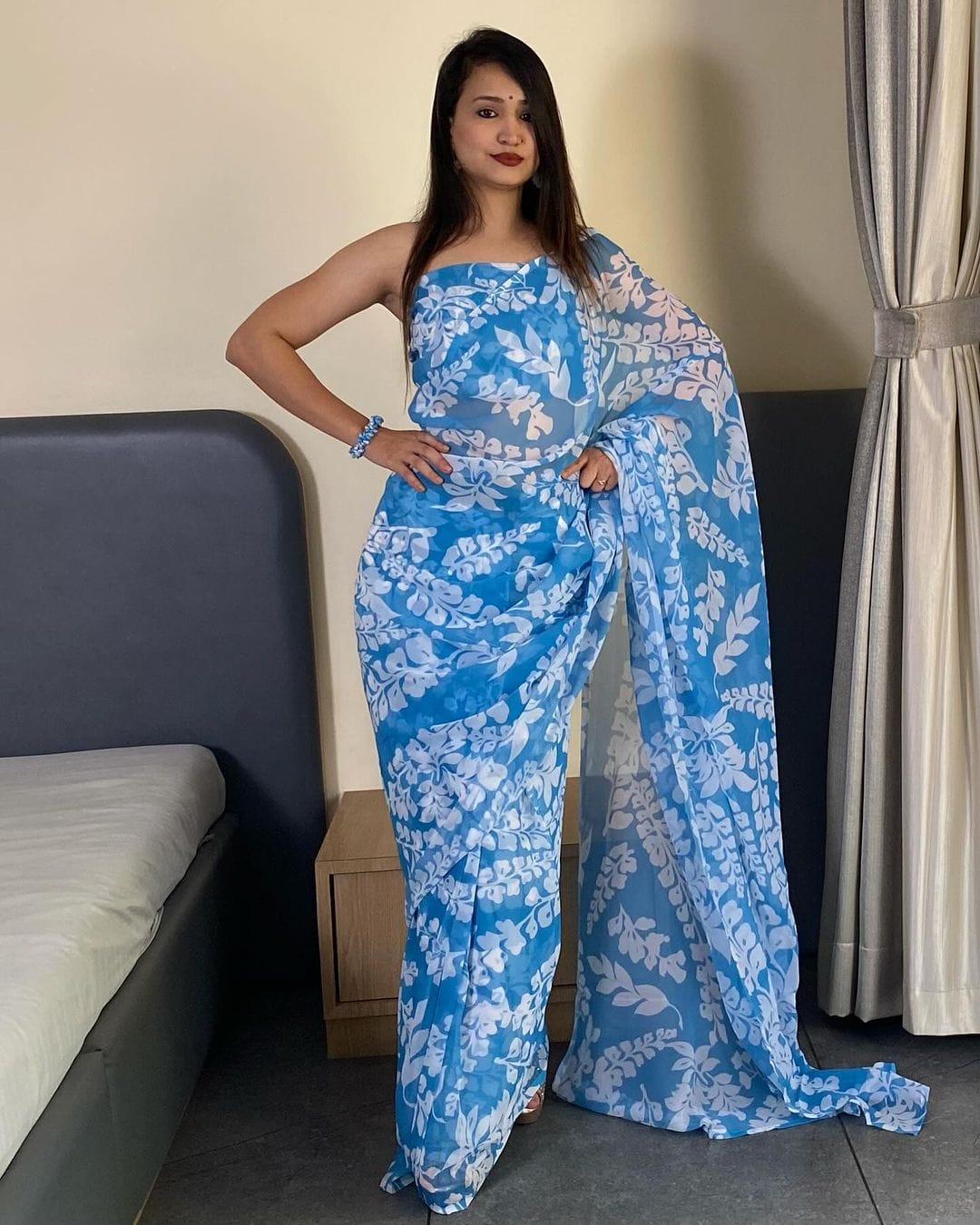 Deserving 1-Minute Ready To Wear Firozi Georgette Saree