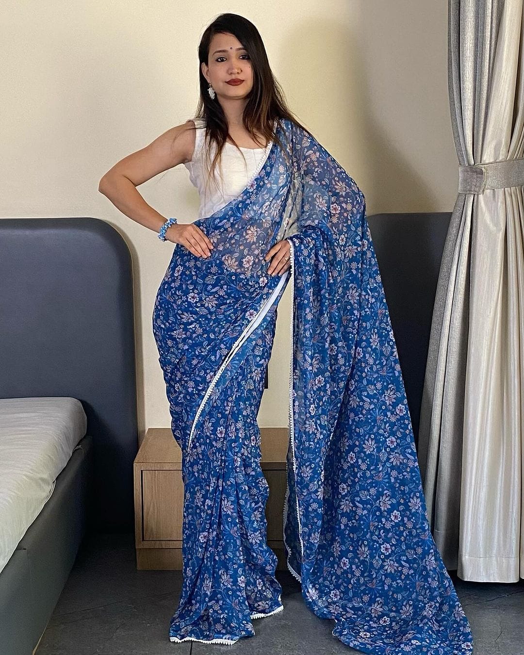Charming 1-Minute Ready To Wear Blue Georgette Saree
