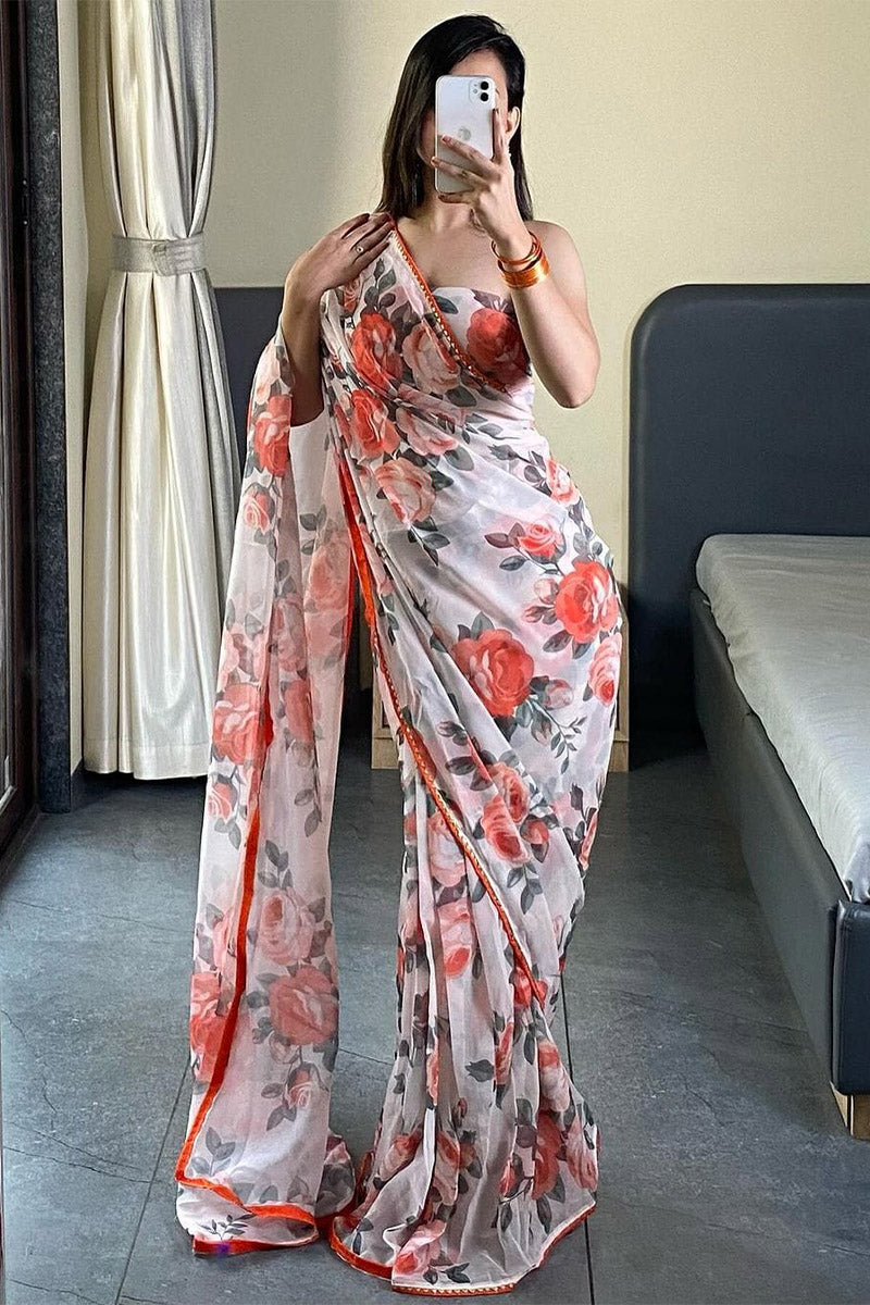 Girlish 1-Minute Ready To Wear White Georgette Saree