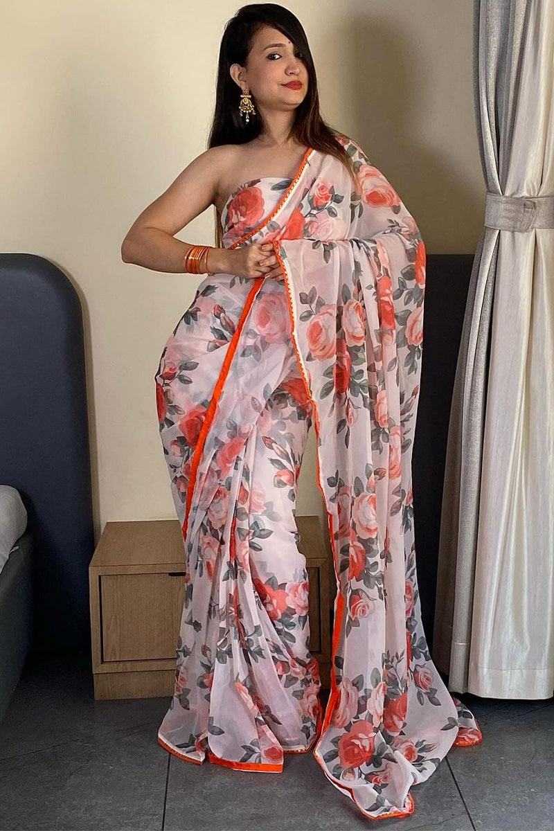 Girlish 1-Minute Ready To Wear White Georgette Saree