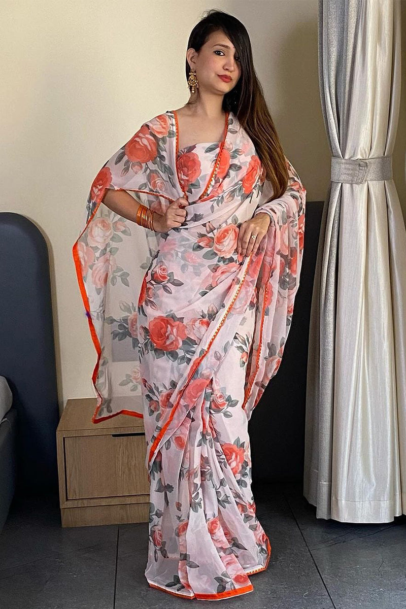 Girlish 1-Minute Ready To Wear White Georgette Saree
